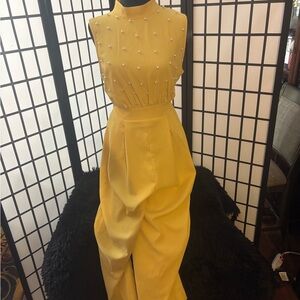 Sleeveless Yellow Pearl-Detail Jumpsuit